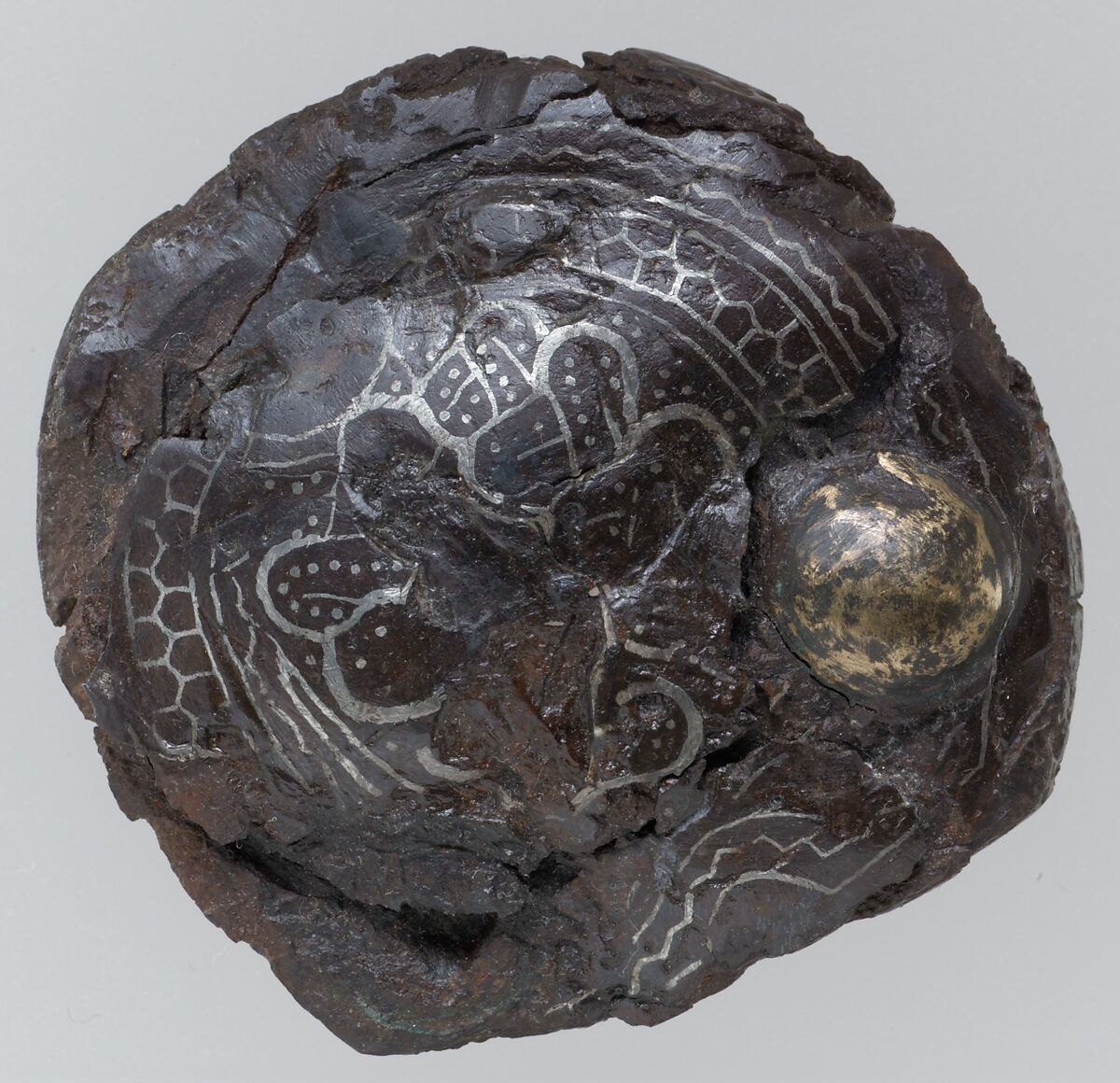 Counter plate of a Belt Buckle, Iron, with silver inlay, iron rivet with copper alloy head, Frankish 
