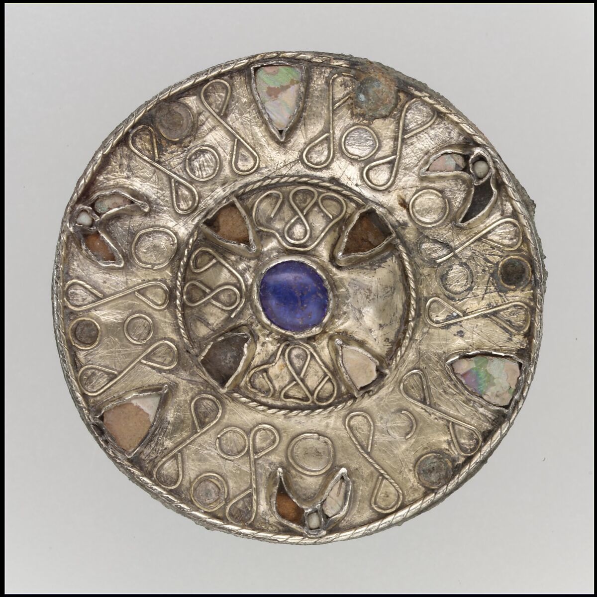 Disk Brooch, Silver-gilt, glass, pearl, Gilded silver with filigree and glass inlays, Frankish 