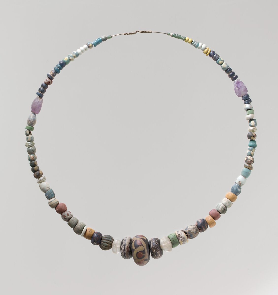 Beads from a Necklace, Glass, amethyst, quartz, glazed earthenware (faience), Frankish 