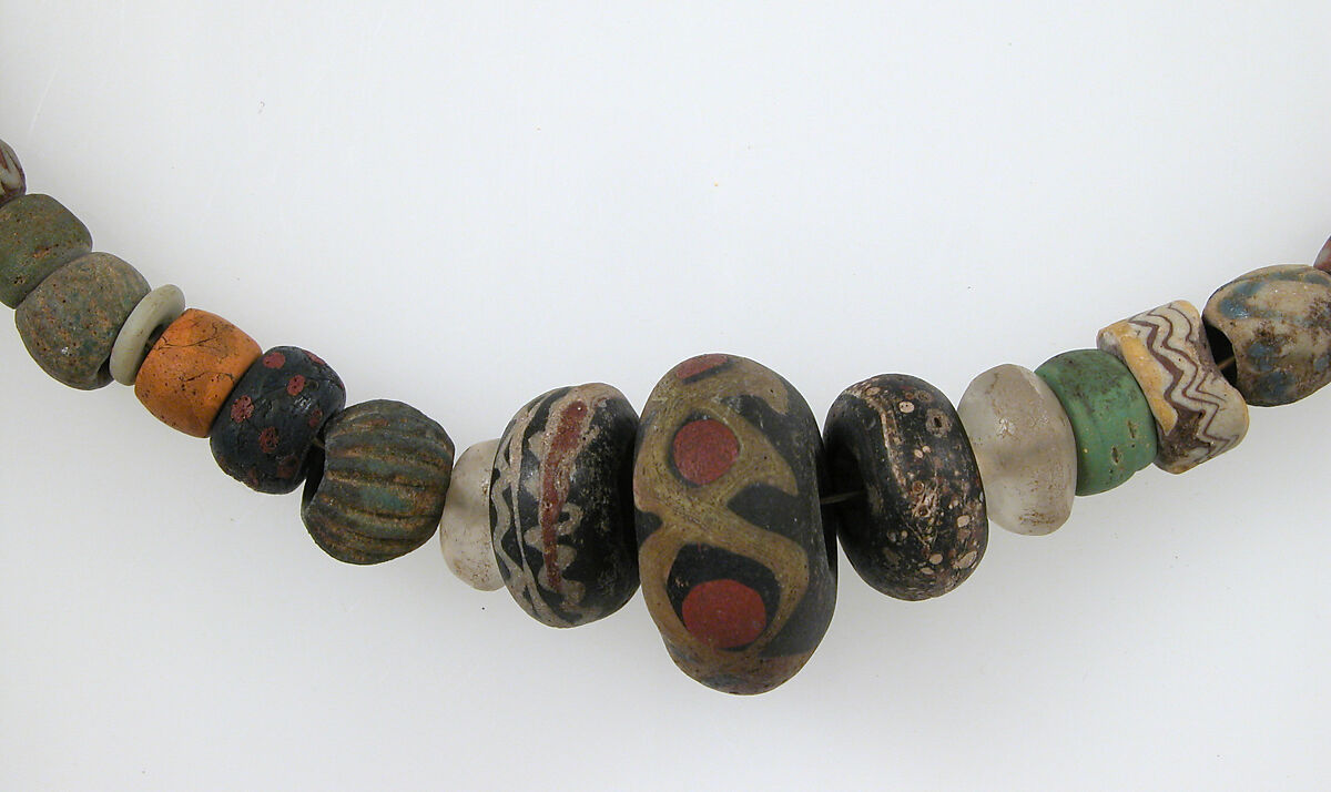 Beads from a Necklace, Glass, amethyst, quartz, glazed earthenware (faience), Frankish