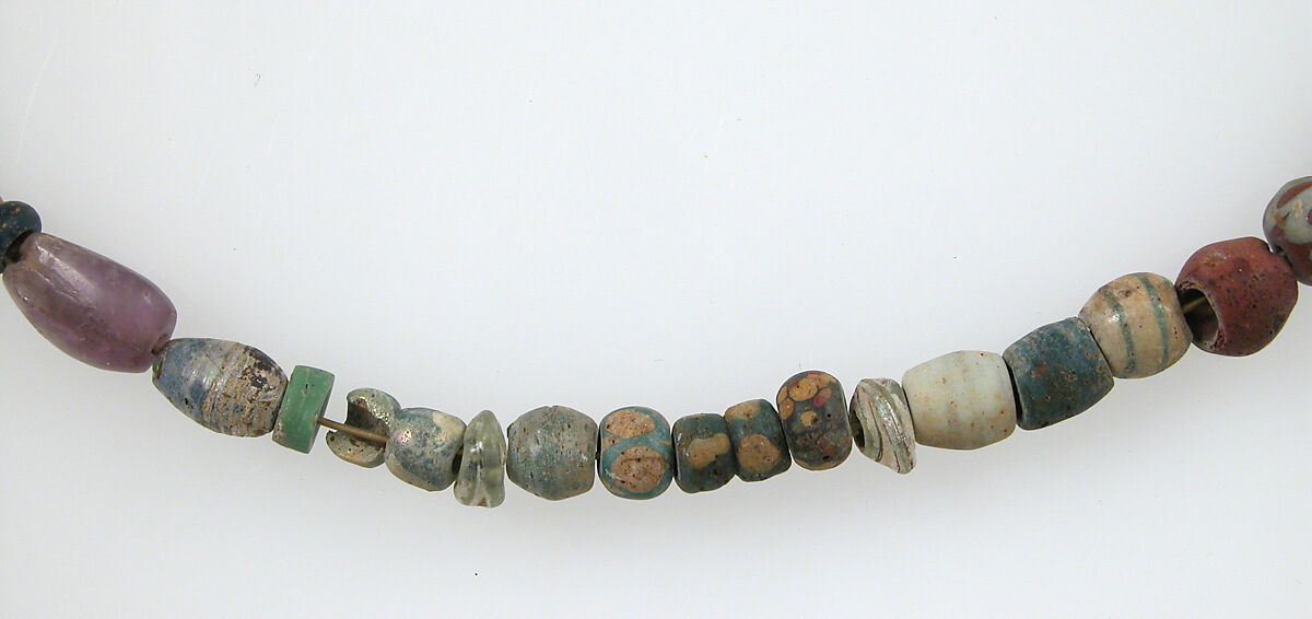 Beads from a Necklace, Glass, amethyst, quartz, glazed earthenware (faience), Frankish