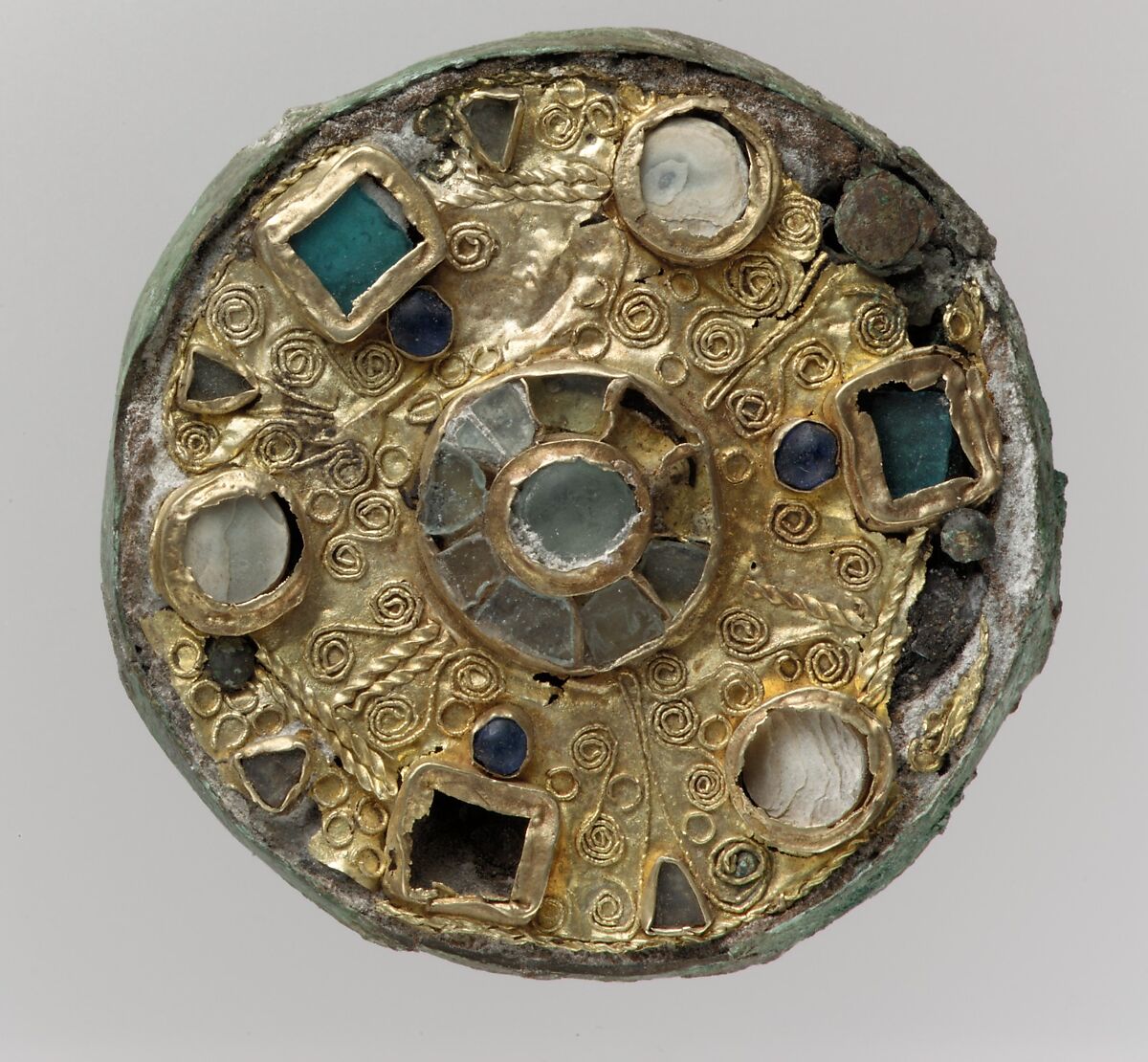 Disk Brooch, Gold, glass, mother-of-pearl, copper alloy, Frankish 