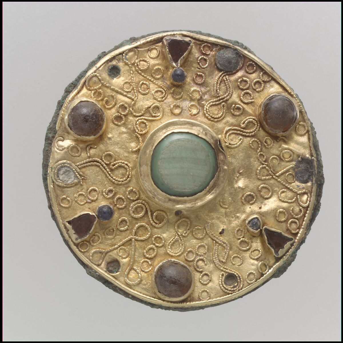 Disk Brooch, Copper alloy, coated with gold, iron pin, glass paste & glass paste cabochons, Frankish 