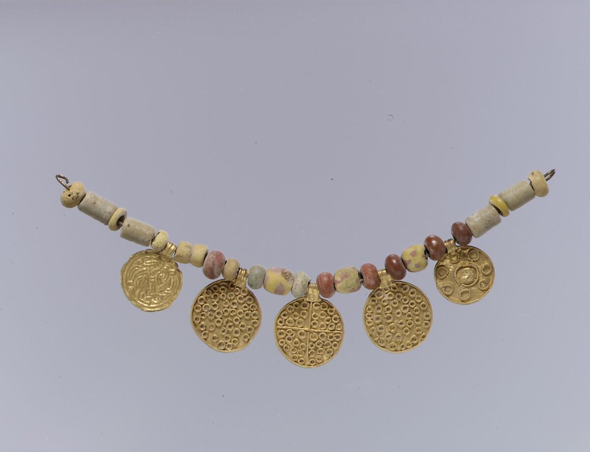Gold Pendants and Beads from a Necklace, Gold, glass, Frankish 