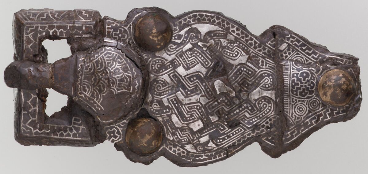 Belt Buckle, Iron with silver inlay and copper alloy rivets, Frankish 