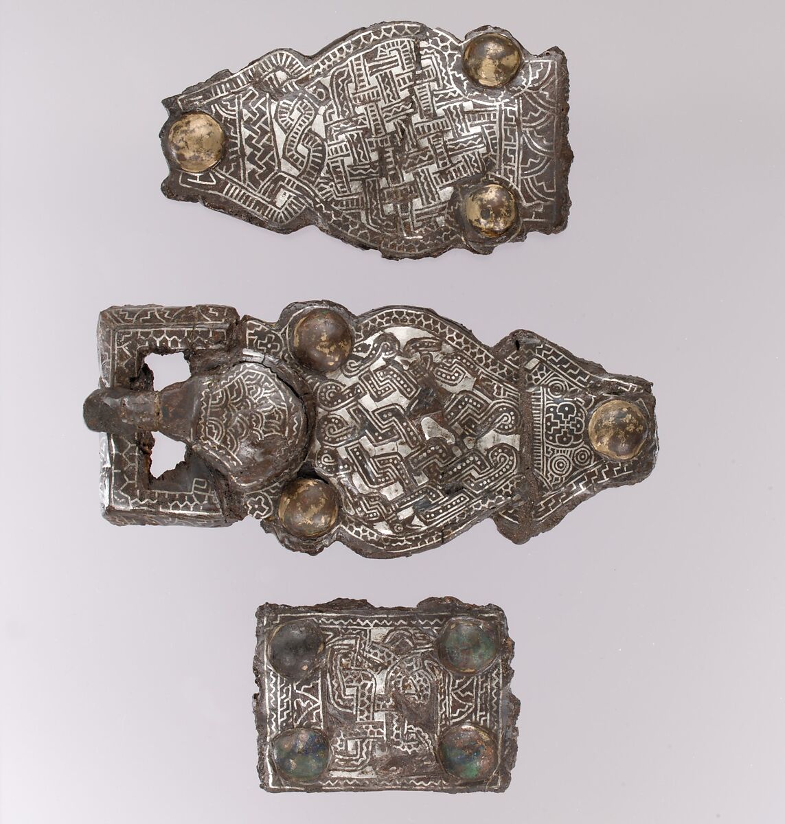 Belt Buckle, Iron with silver inlay and copper alloy rivets, Frankish