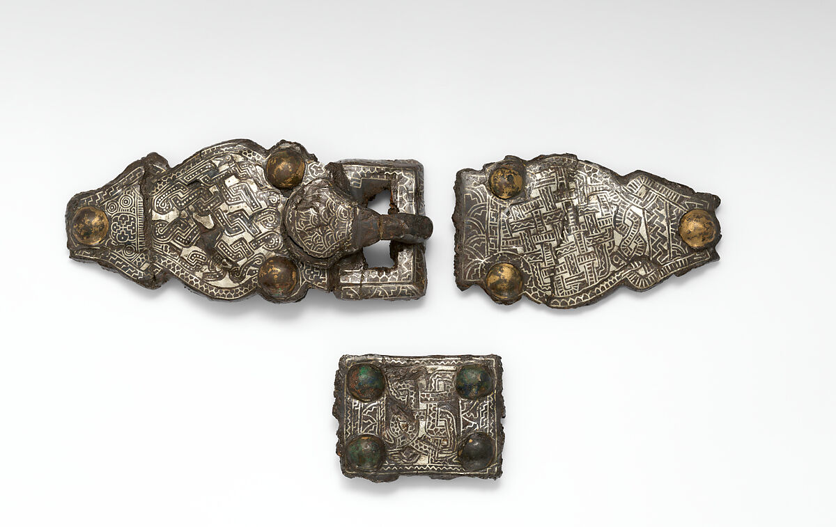 Counter Plate from a Belt Buckle, Iron with silver inlay and copper alloy rivets, Frankish