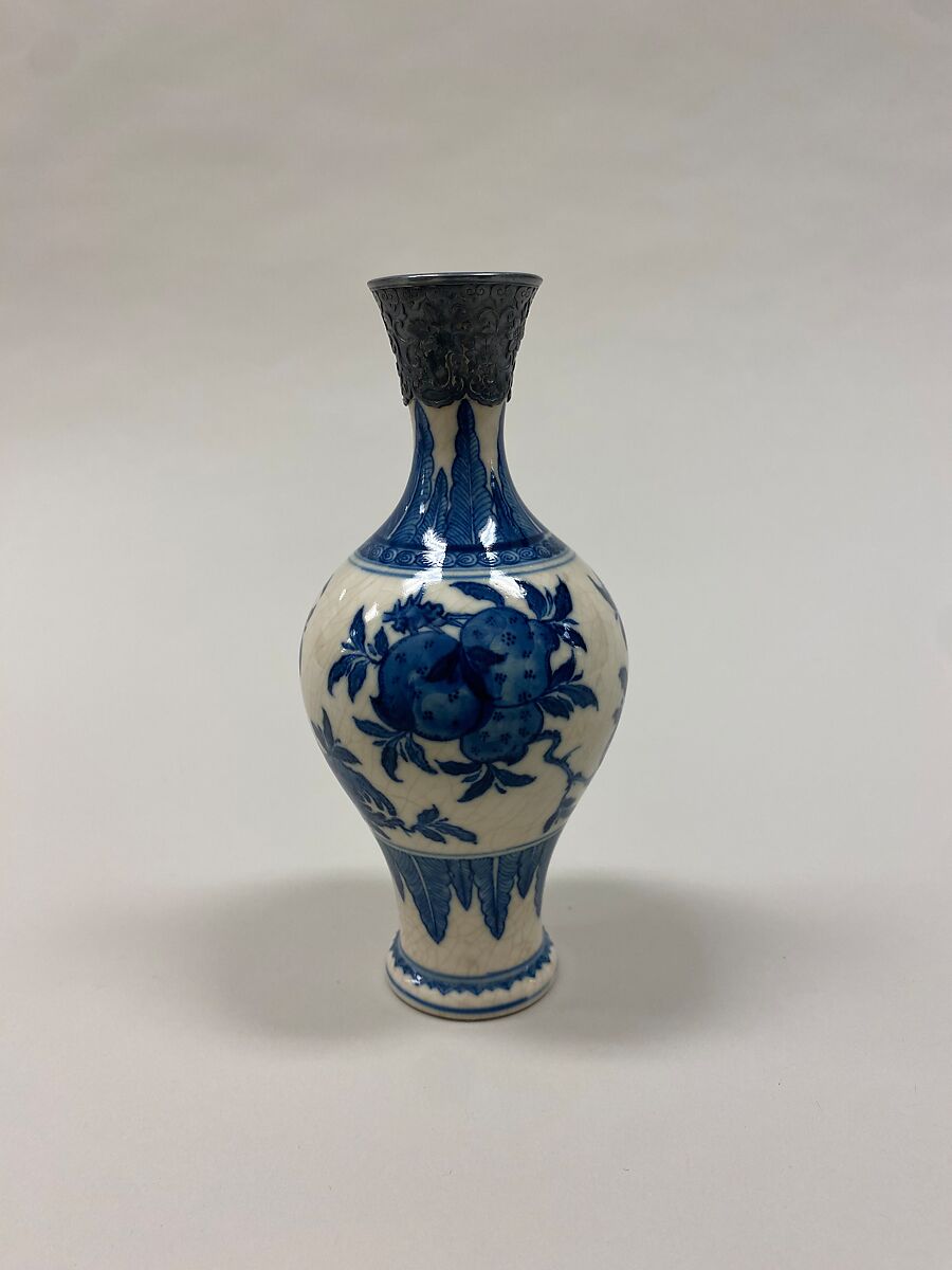 Vase with peaches, pomegranates, and fingered citrons, Soft-paste porcelain painted in underglaze cobalt blue (Jingdezhen ware), silver mount, China 