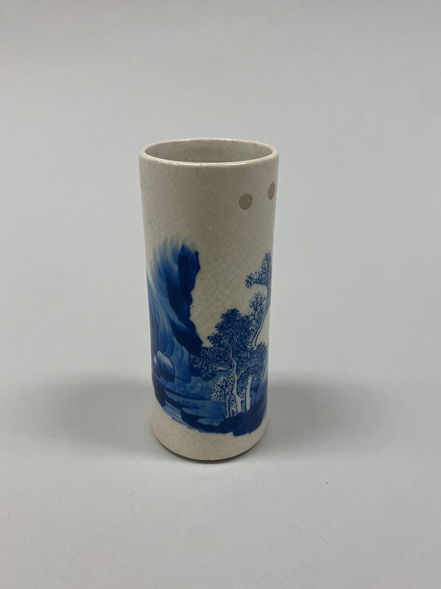 Bird feeder with fisherman in a landscape, Porcelain painted in overglaze polychrome enamels (Jingdezhen ware, famille noire ), China