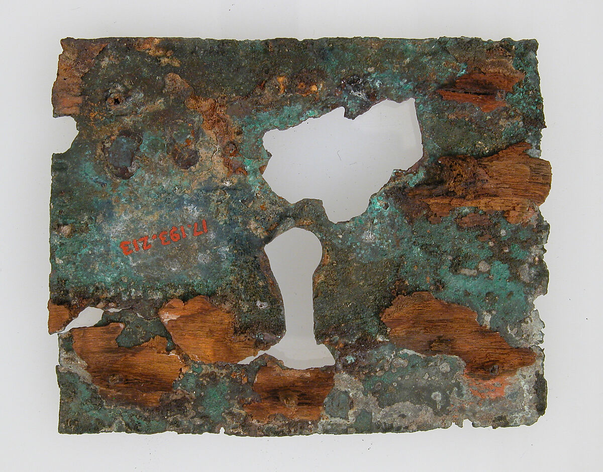 Rectangular Plaque, Copper alloy with traces of wood on back, Frankish