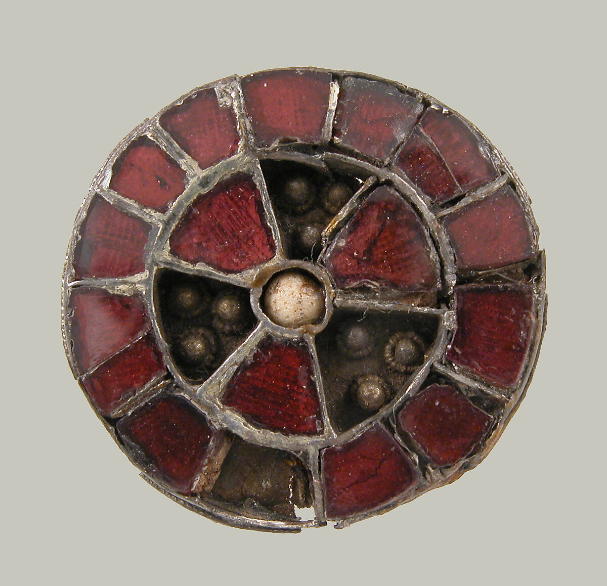 Disk Brooch, Silver, glass paste or garnet, meersham(?), metal foil,remnant iron pin, Frankish 