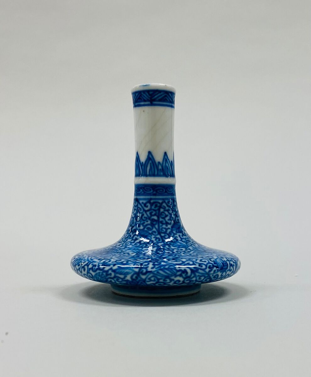Minature vase with floral scrolls, Porcelain painted in underglaze cobalt blue (Jingdezhen ware), China 