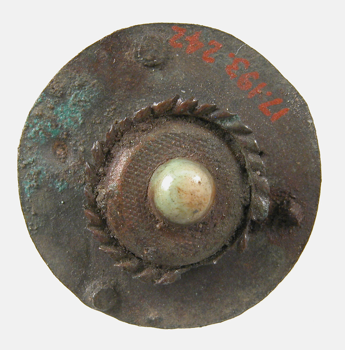 Disk Brooch, Copper alloy, glass paste? cabochon, Frankish or Carolingian 