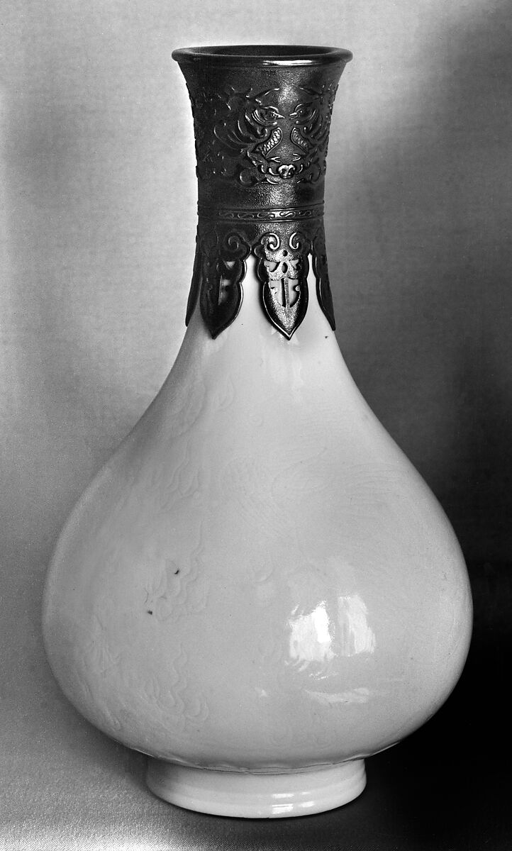 Vase, Porcelain with incised decoration under clear glaze (Jingdezhen ware), silver mounts, China 