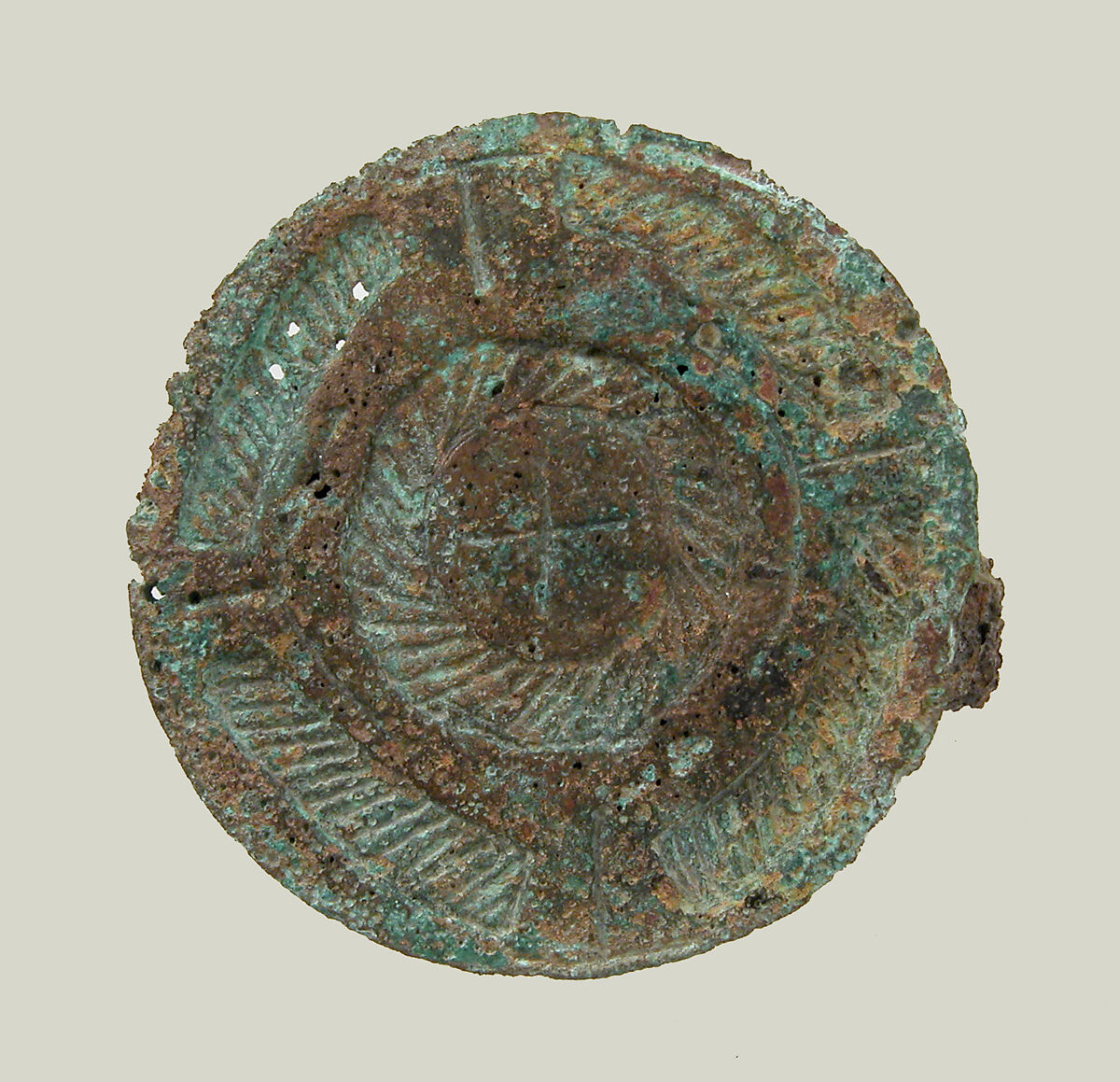Disk Brooch, Copper alloy, remnants of iron pin, Frankish 
