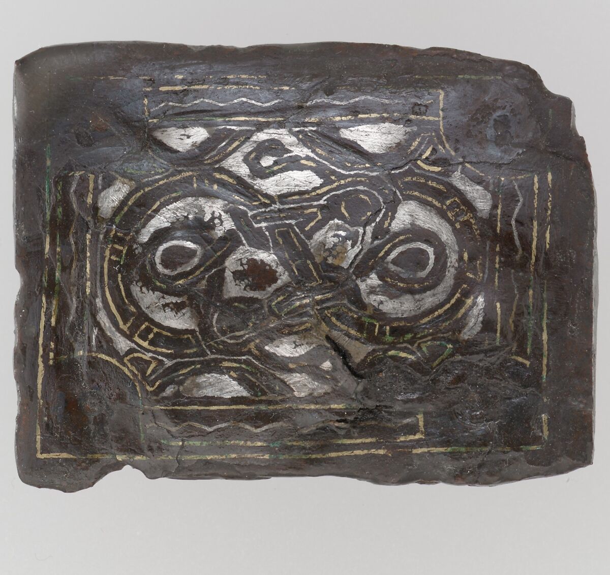 Square Plaque, Iron with silver and copper alloy inlays, Frankish 
