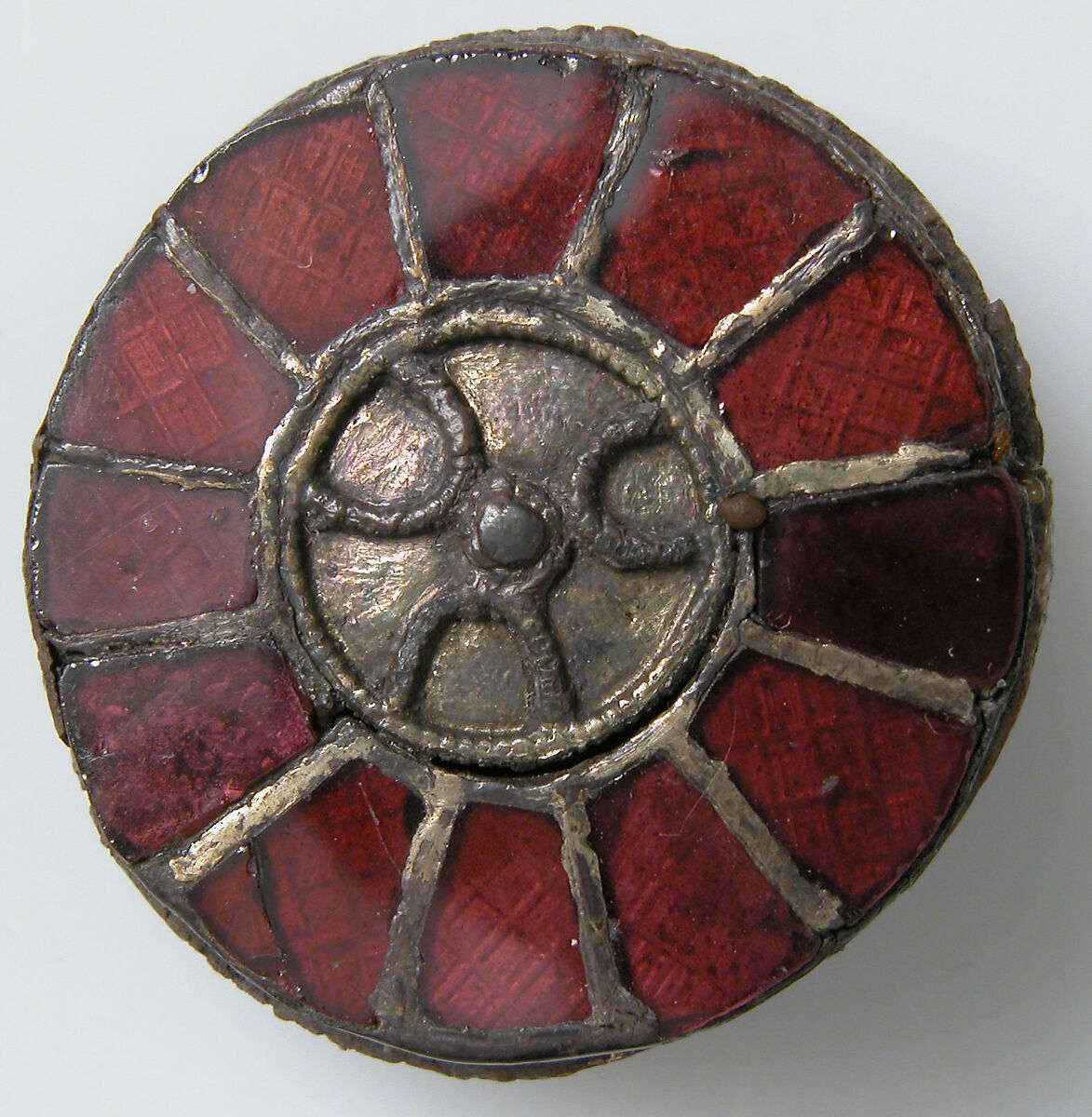 Disk Brooch, Silver, parcel gilt, foil and wire, glass paste or garnet, Frankish 