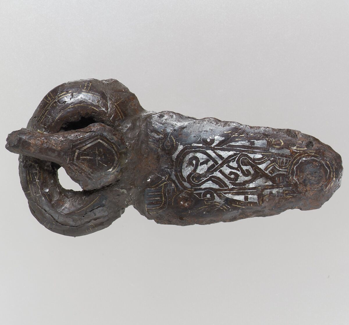 Belt Buckle, Iron, silver inlay, copper alloy inlay, Frankish 