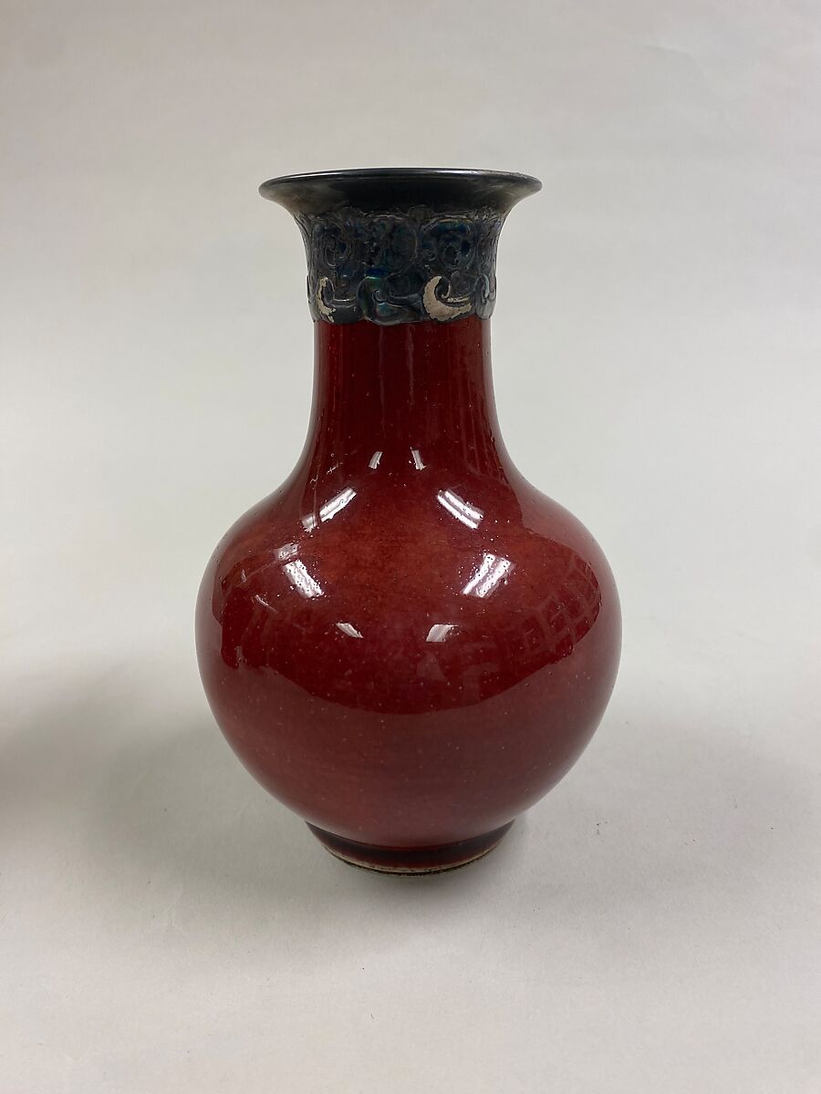 Vase, Porcelain with copper red glaze (Jingdezhen ware), silver mounts, China 