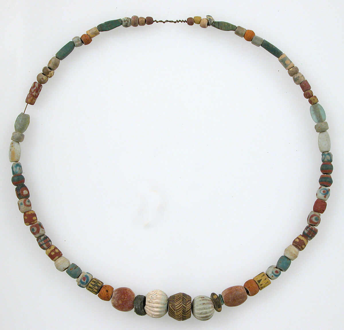 Beaded Necklace, Glass, amber, glazed earthenware (faience), silver ring, copper alloy rings, Frankish 