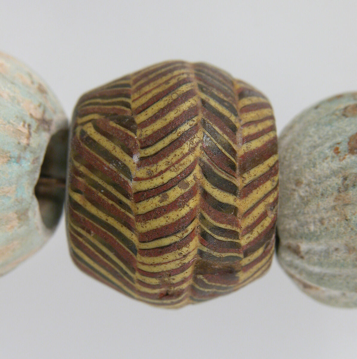 Beaded Necklace, Glass, amber, glazed earthenware (faience), silver ring, copper alloy rings, Frankish