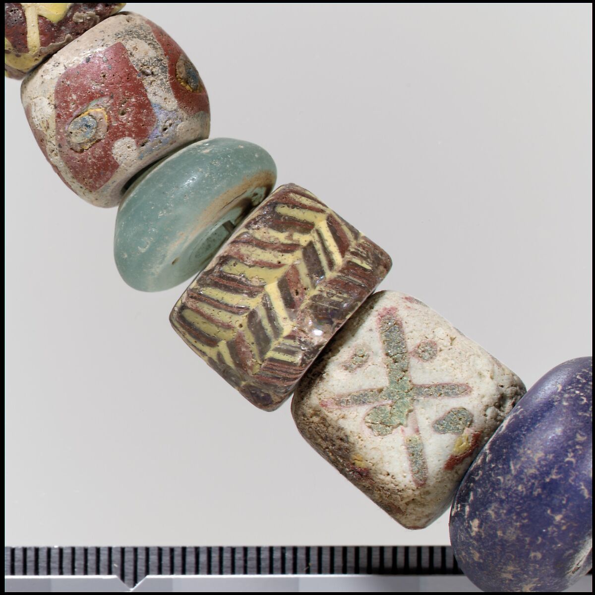 Beads from a Necklace, Glass, amethyst, copper alloy rings, Frankish