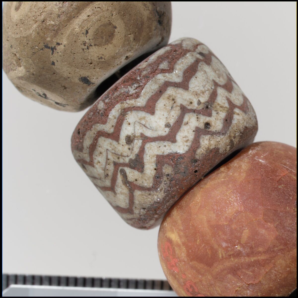 Beads from a Necklace, Glass, amethyst, copper alloy rings, Frankish