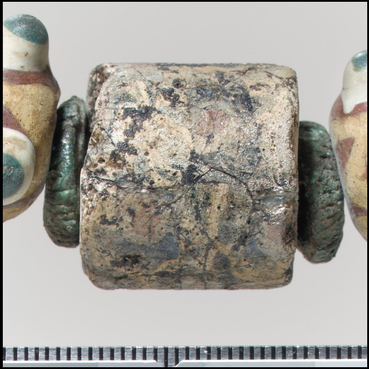 Beads from a Necklace, Glass, copper alloy rings, Frankish