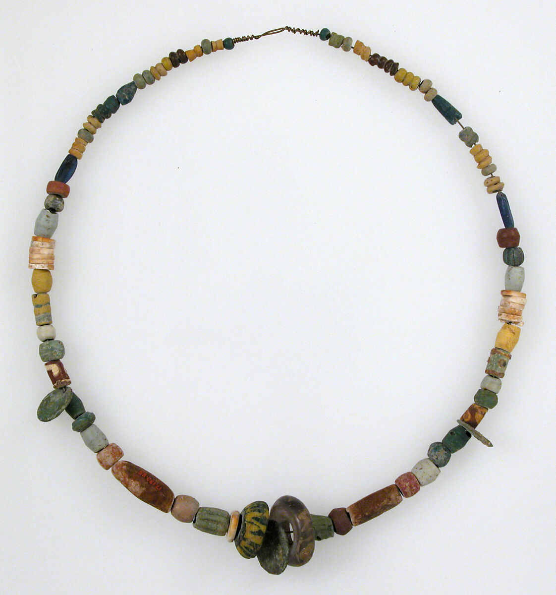 Beaded Necklace, Glass, stone, shell, amber,  3 copper alloy coins,, Frankish 