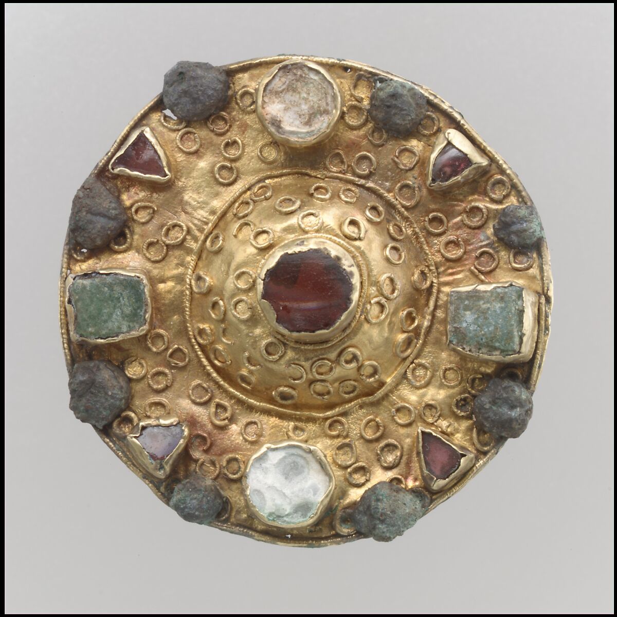 Disk Brooch, Copper alloy, coated with gold overlay, glass or stone, Frankish 