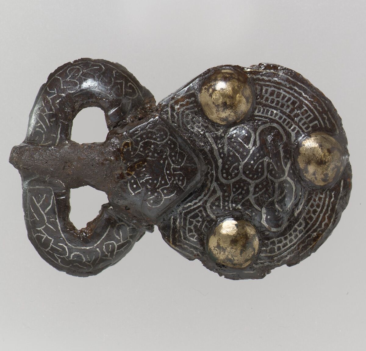 Belt Buckle, Iron inlaid with silver, iron rivets with heads of copper alloy, Frankish 