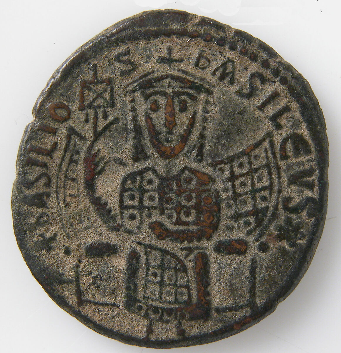 Coin of Basil I, Copper alloy (catalogue card says bronze), Byzantine 