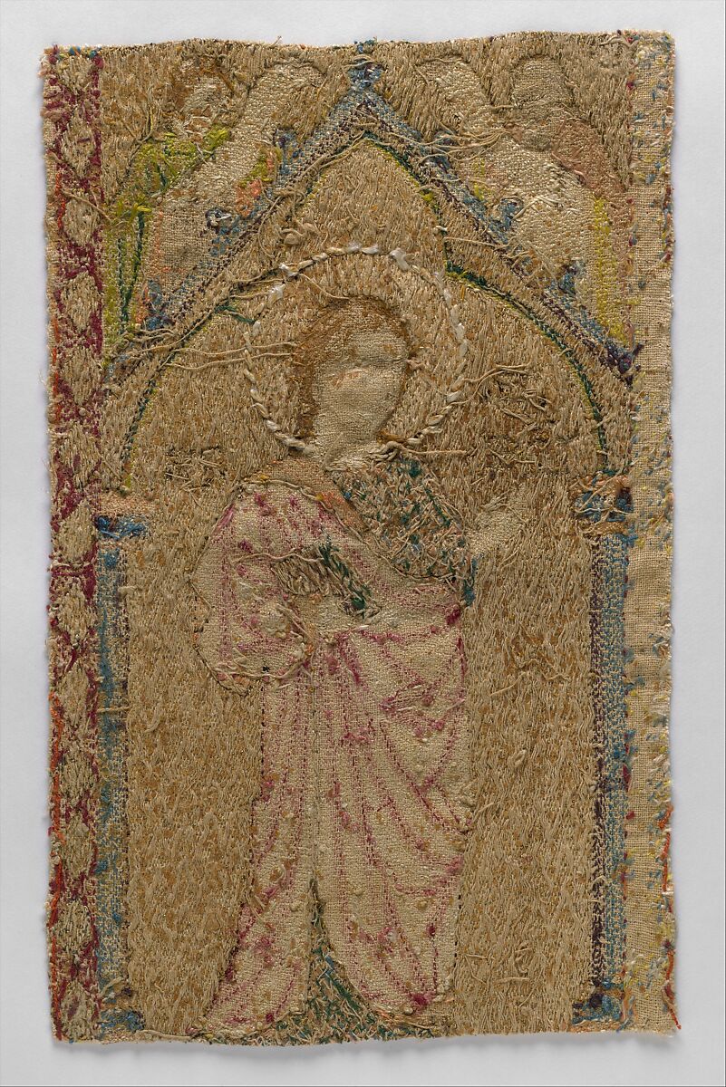 Fragment of an Orphrey, Linen ground, worked in colored silks and gold thread, British