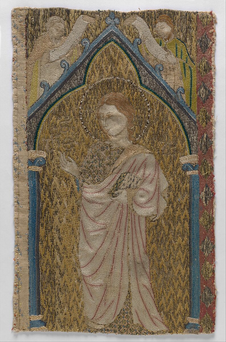 Fragment of an Orphrey, Linen ground, worked in colored silks and gold thread, British 