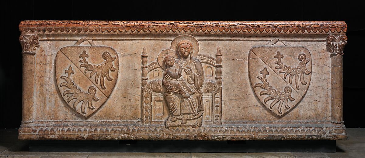 Sarcophagus with Virgin and Child and the Arms of the Sanguinacci Family, Red limestone, North Italian