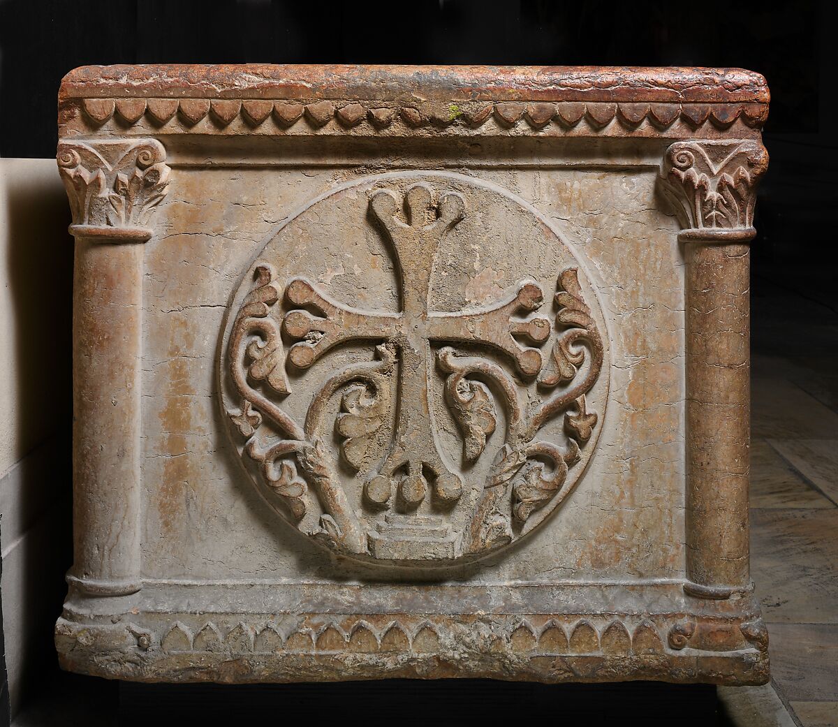 Sarcophagus with Virgin and Child and the Arms of the Sanguinacci Family, Red limestone, North Italian