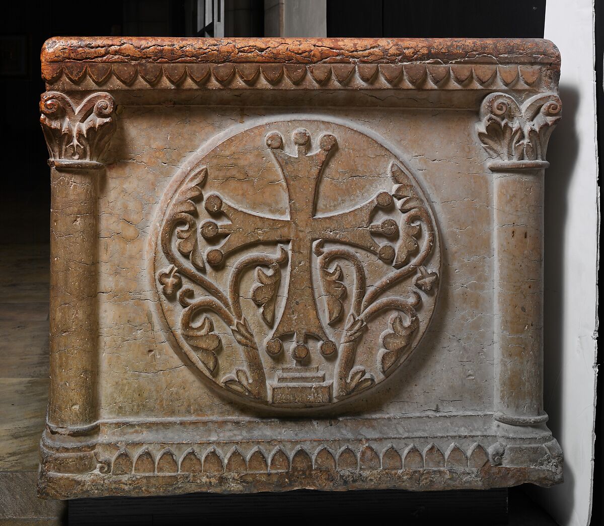 Sarcophagus with Virgin and Child and the Arms of the Sanguinacci Family, Red limestone, North Italian