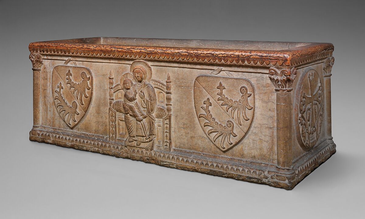 Sarcophagus with Virgin and Child and the Arms of the Sanguinacci Family, Red limestone, North Italian 