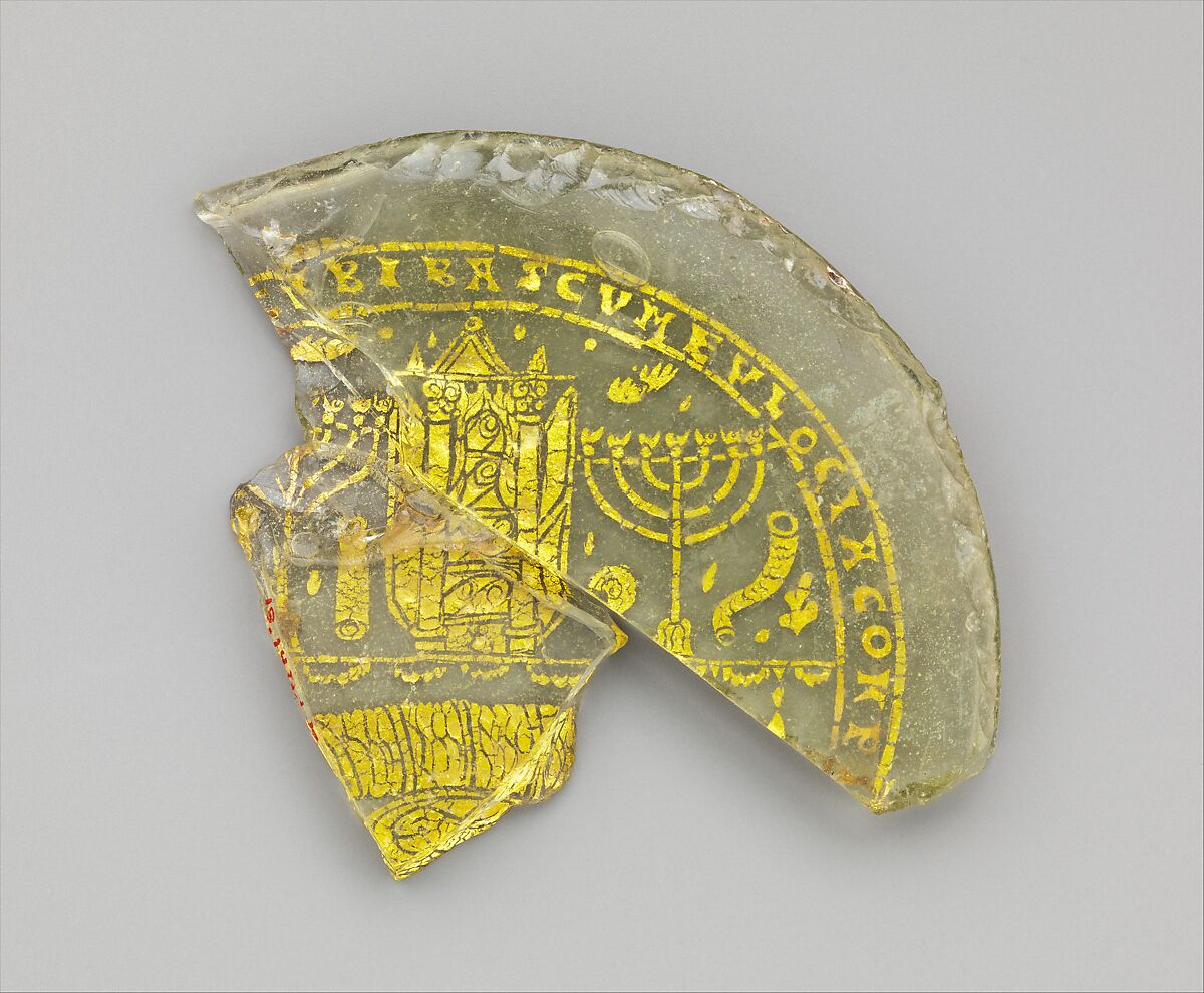 Bowl Fragments with Menorah, Shofar, and Torah Ark, Glass, gold leaf, Roman