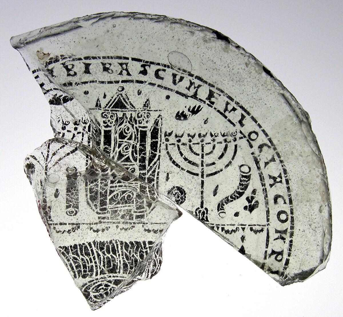 Bowl Fragments with Menorah, Shofar, and Torah Ark, Glass, gold leaf, Roman