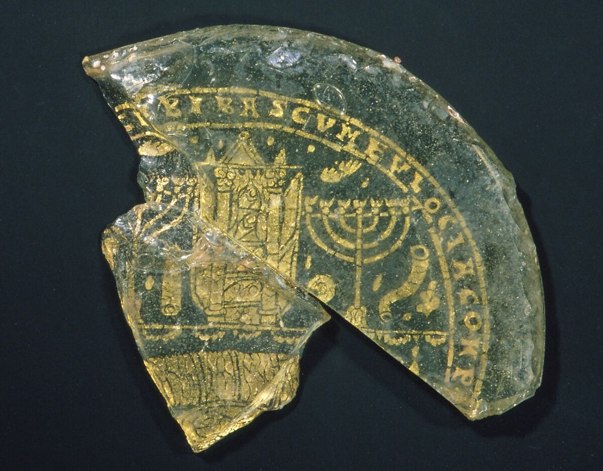 Bowl Fragments with Menorah, Shofar, and Torah Ark, Glass, gold leaf, Roman