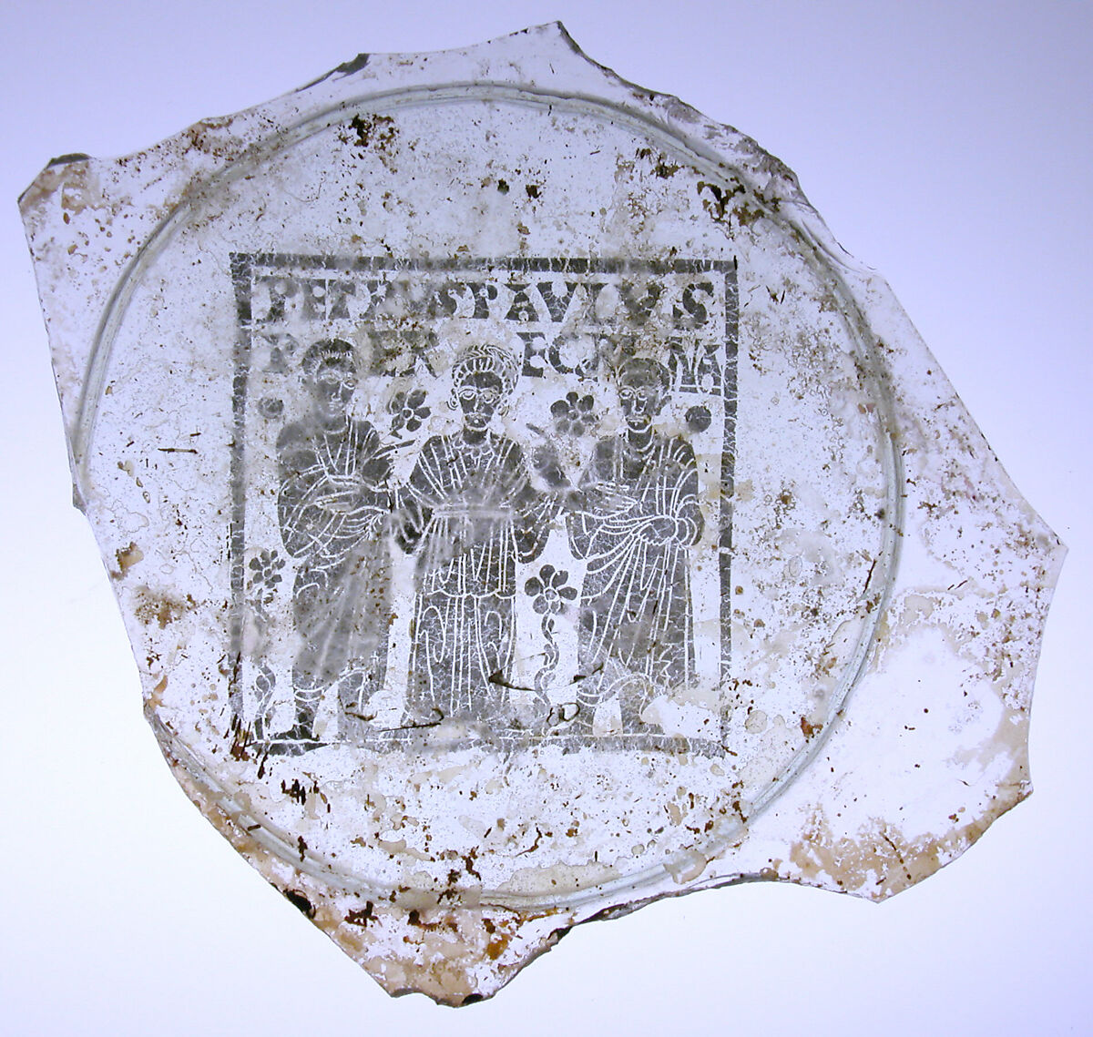 Plate Base with Peregrina between Saints Peter and Paul, Glass, gold leaf, Roman