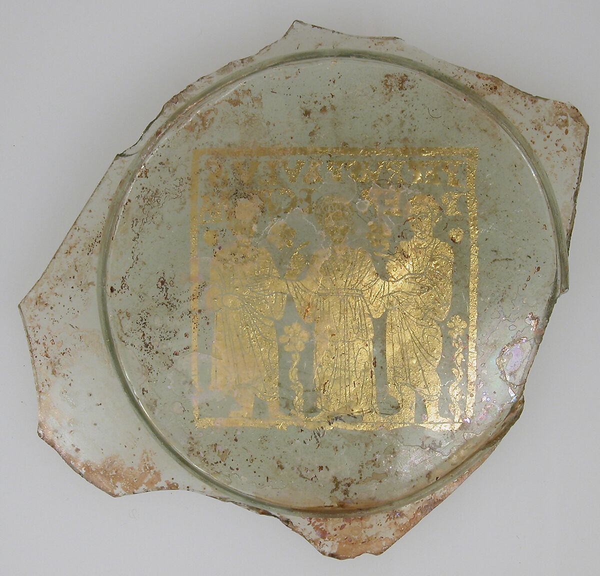 Plate Base with Peregrina between Saints Peter and Paul, Glass, gold leaf, Roman