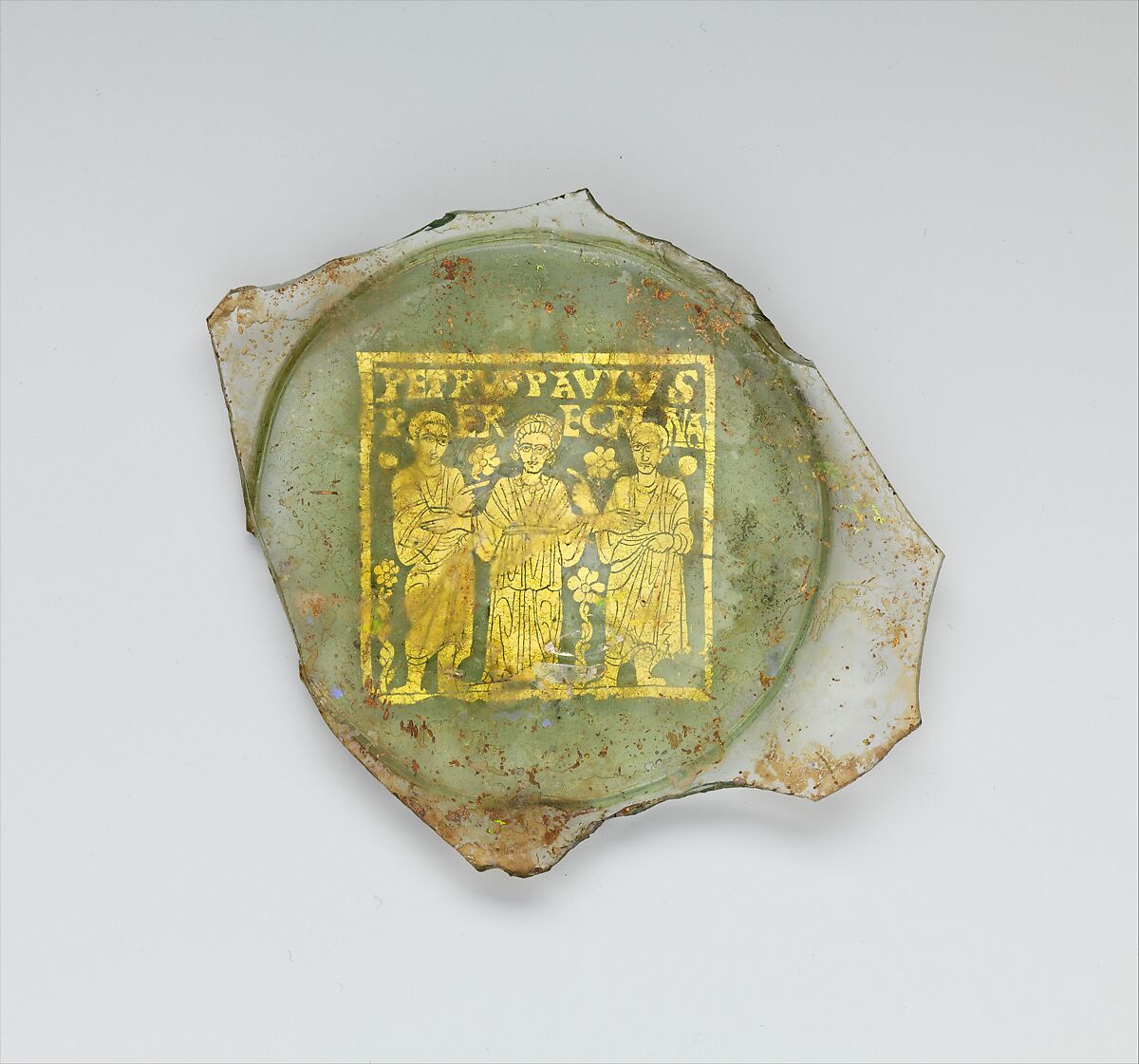 Plate Base with Peregrina between Saints Peter and Paul, Glass, gold leaf, Roman 