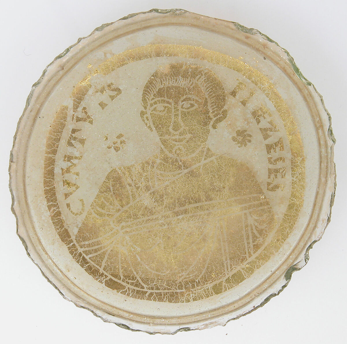 Bowl Base with the Portrait of a Young Man, Glass, gold leaf, Roman or Byzantine