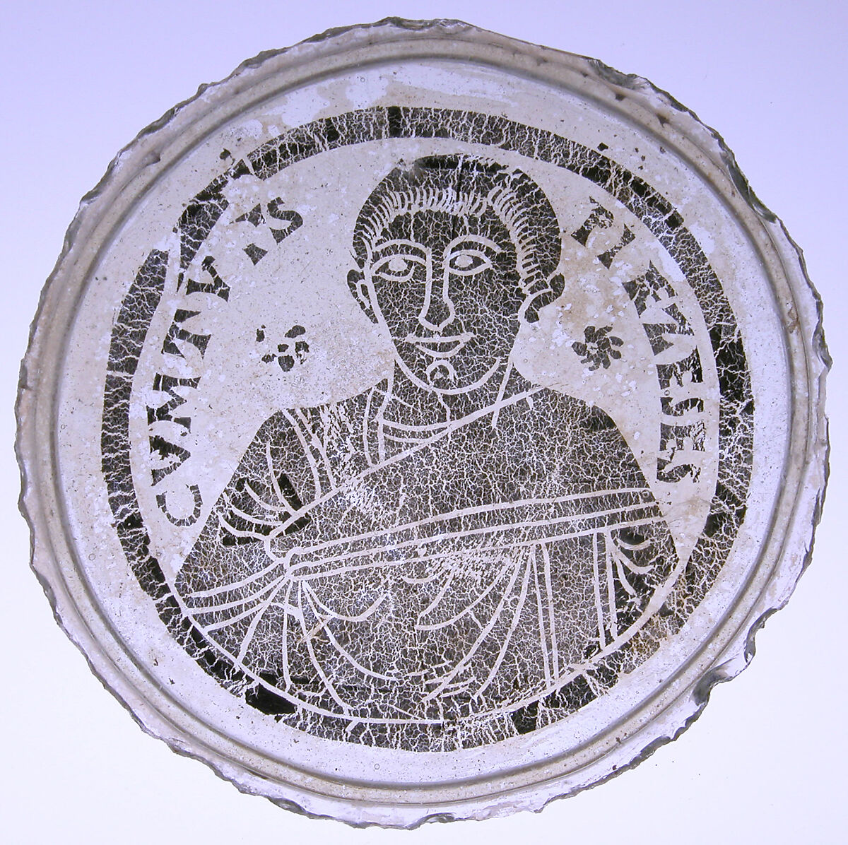 Bowl Base with the Portrait of a Young Man, Glass, gold leaf, Roman or Byzantine 
