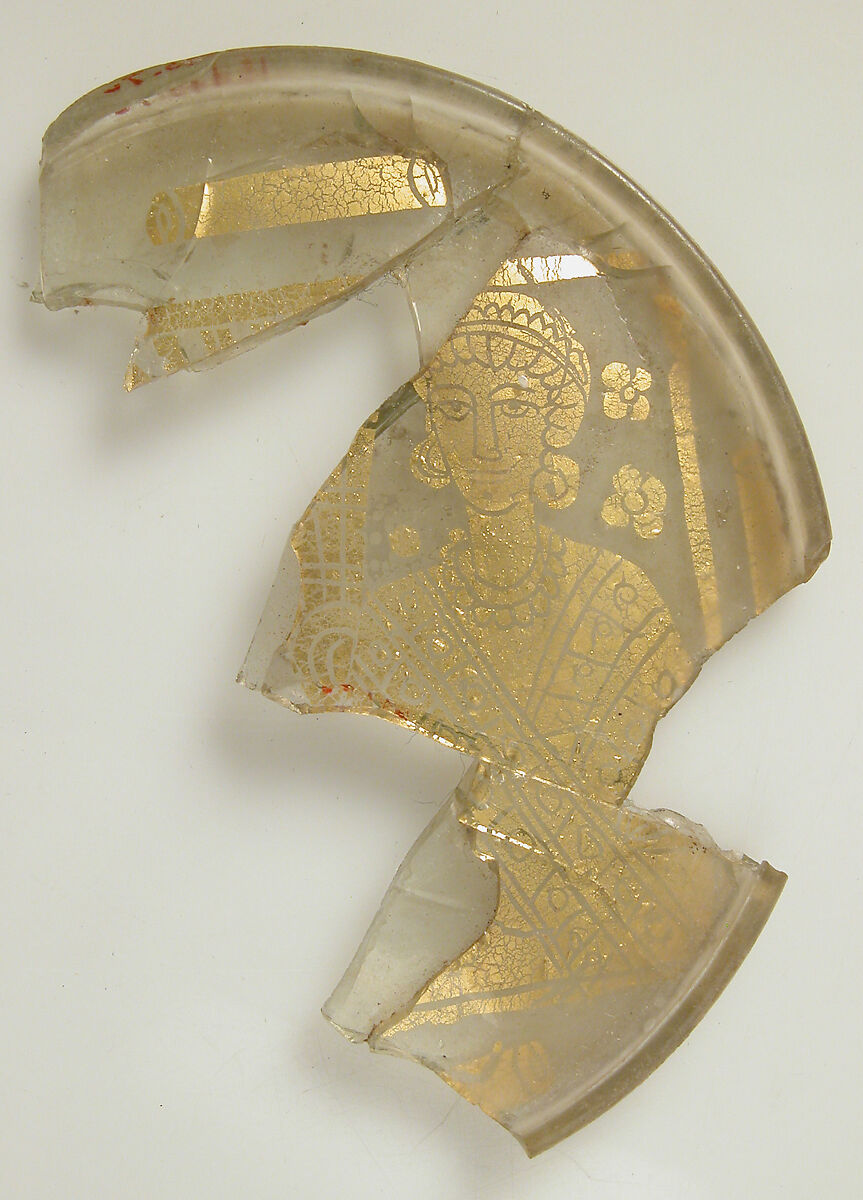 Fragmentary Bowl Base with the Portrait of a Woman, Glass, gold leaf, Roman or Byzantine