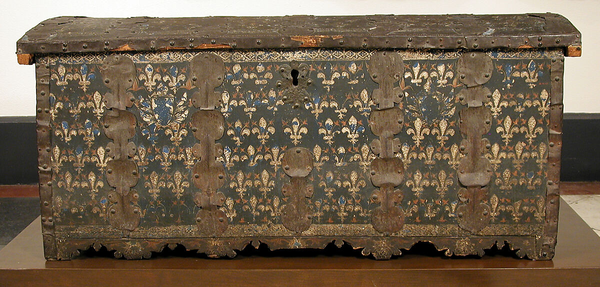 Cassone with Fleur-de-Lis Pattern, Wood, raised gesso, metal foil and iron mounts, Italian