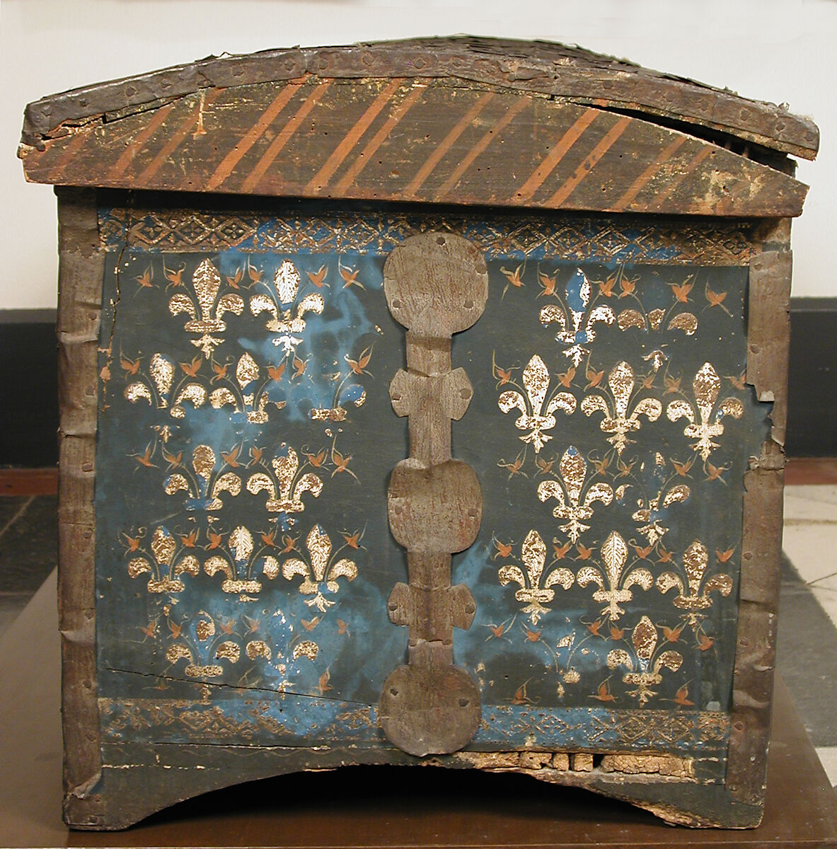 Cassone with Fleur-de-Lis Pattern, Wood, raised gesso, metal foil and iron mounts, Italian