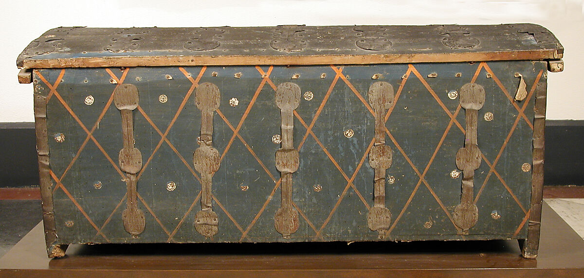 Cassone with Fleur-de-Lis Pattern, Wood, raised gesso, metal foil and iron mounts, Italian